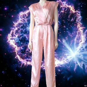 Vintage Pink Satin 80s Punk Jumpsuit W Shoulder Pads By Scarlett‎
